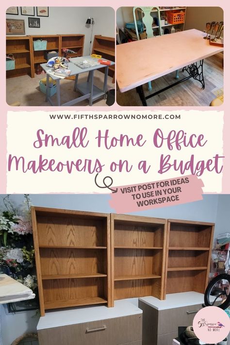 In this post I share ideas to complete an easy DIY small home office makeover on a budget that gave me a dedicated office space in a spare room. via @5thsparrownomore Closet In Home Office, House Converted To Office, Small Home Office Farmhouse Style, Diy Office Organization Ideas, Office Remodel Home, Home Office Ideas On A Budget, Office Backdrop Ideas, Home Office Layout Plan, Diy Small Home Office