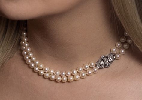 Vintage Double Strand Pearl Necklace With Diamond Clasp - Antique Jewelry | Vintage Rings | Faberge Eggs Vintage Pearls Necklace, Antique Pearl Choker, Real Pearl Necklace Vintage, Two Strand Pearl Necklace, Old Pearl Necklace, Pearl And Diamond Necklace Wedding, Pearl Necklace With Diamond, Vintage Pearl, Double Pearl Necklace