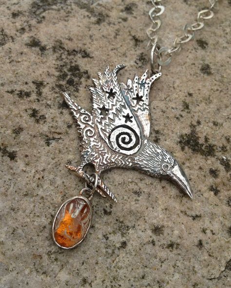 Crow With Trinkets, Crow Accesories, Metal Work Jewelry, Raven Jewelry, Art Clay Silver, Metal Clay Jewelry, Pagan Jewelry, Bird Jewelry, Work Jewelry