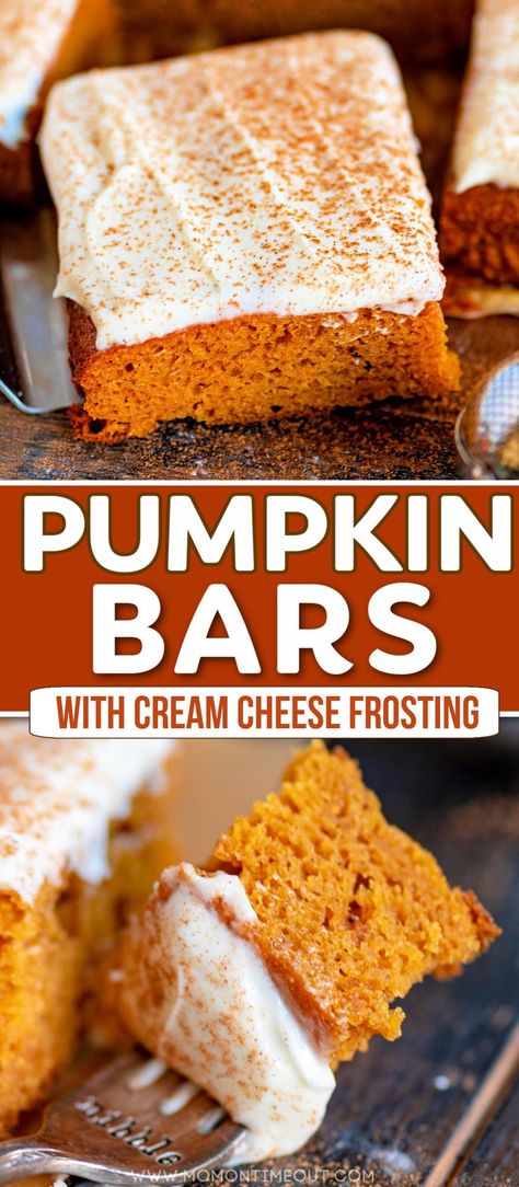 The BEST Pumpkin Bars EVER! Exploding with amazing flavor and topped with a dusting of pumpkin pie spice and loads of delicious brown butter cream cheese frosting - perfect for a crowd! Tender, moist and one of those pumpkin recipes you'll find yourself making again and again. // Mom On Timeout Best Pumpkin Bars, Easy Pumpkin Bars, Brown Butter Cream Cheese Frosting, Pumpkin Bars With Cream Cheese, Brown Butter Cream Cheese, Bars With Cream Cheese Frosting, Bars With Cream Cheese, Butter Cream Cheese Frosting, Mom On Timeout