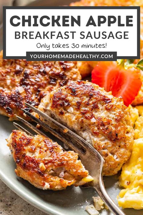 Enjoy this delicious Chicken and Apple Breakfast Sausage on weekend mornings or for easy meal prep! Pair with your favorite breakfast foods, like scrambled eggs, hash browns, and toast or serve on a breakfast sandwich for a quick breakfast in under 30 minutes! Sausage Links Breakfast Ideas, Homemade Chicken Breakfast Sausage, Ground Chicken Breakfast Sausage, Chicken Sausage Recipes Breakfast, Sausage Link Breakfast Ideas, Chicken Breakfast Sausage Recipes, Breakfast Chicken Recipes, Chicken Apple Sausage Recipes, Healthy Breakfast Sausage