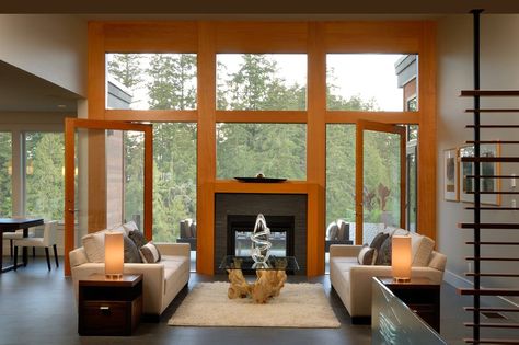 fireplace with windows above Contemporary Window Film, Fireplace Windows, Indoor Porch, Indoor Outdoor Fireplaces, Porch Remodel, Mantel Design, Double Sided Fireplace, Trendy Living Rooms, Up House