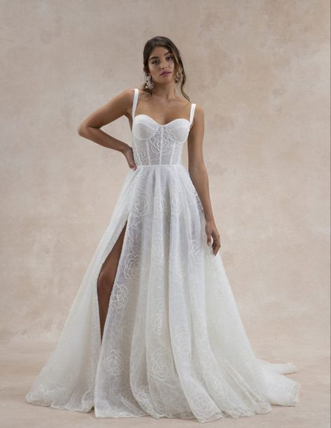 Revelle Bridal, Corset Top Wedding Dress, Bustier Wedding Dress, Modern Bridal Gowns, Medina Ohio, Organza Gown, Wedding Corset, Organza Gowns, Rose Motif