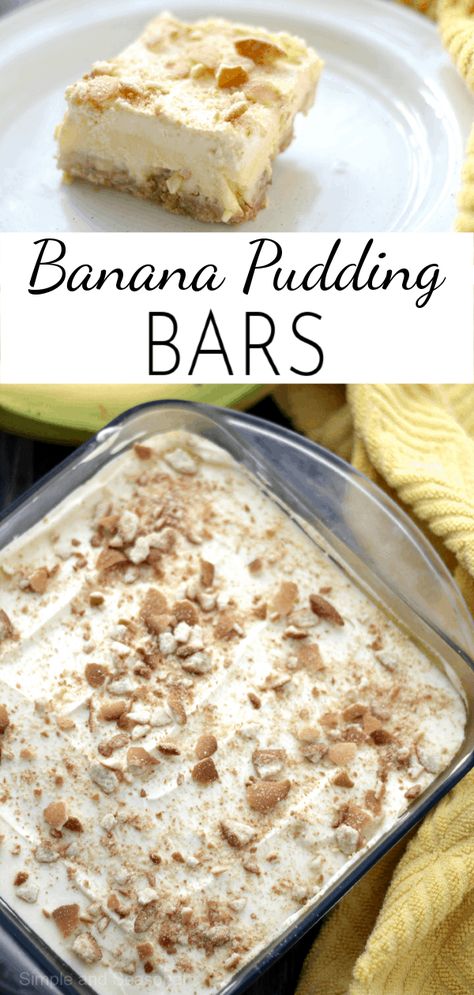 Pudding, bananas and wafer cookies create delicious layers of creamy goodness in these simple Banana Pudding Bars via @nmburk Banana Pudding Bars, Puding Pisang, Pudding Bars, Pudding Bar, Recipes Pudding, Easy Banana Pudding, Dessert Halloween, Dessert Oreo, Banana Dessert Recipes