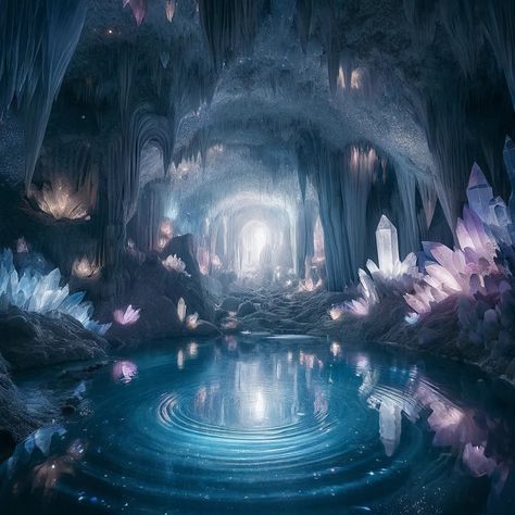 Ethereal Crystal Cave Canvas Luminescent Cave, Cave With Crystals, Crystal Cave Art, Cave Crystals, Gem Cave, Magical Cave, Water Cave, Stalactites And Stalagmites, Crystal Caves