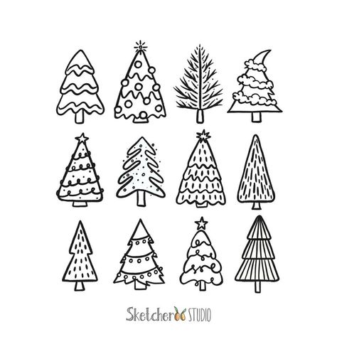 Line Art Christmas, Minimalist Jewelry Silver, Christmas Doodle, Christmas Tree Drawing, Tree Doodle, Doodle Borders, Hand Drawn Christmas, Drawing Ideas List, Christmas Tree Clipart