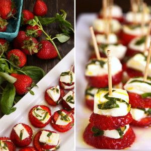 Strawberry Appetizers, Basil Strawberry, Strawberry Caprese, Food Skewers, Caprese Recipes, Caprese Skewers, Dinner Party Summer, Dinner Party Menu, Lemon Basil