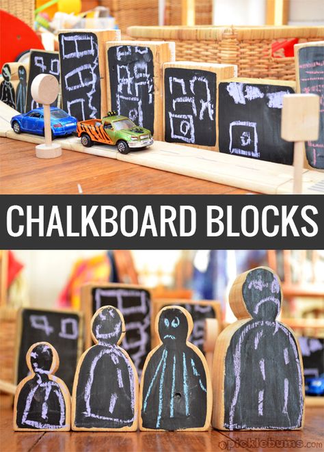 Chalkboard blocks - an easy DIY toy hack Block Center Preschool, Chalkboard Template, Chalk Board Paint, Quick Sand, Blocks Preschool, Board Paint, Construction Play, Block Center, Block Area