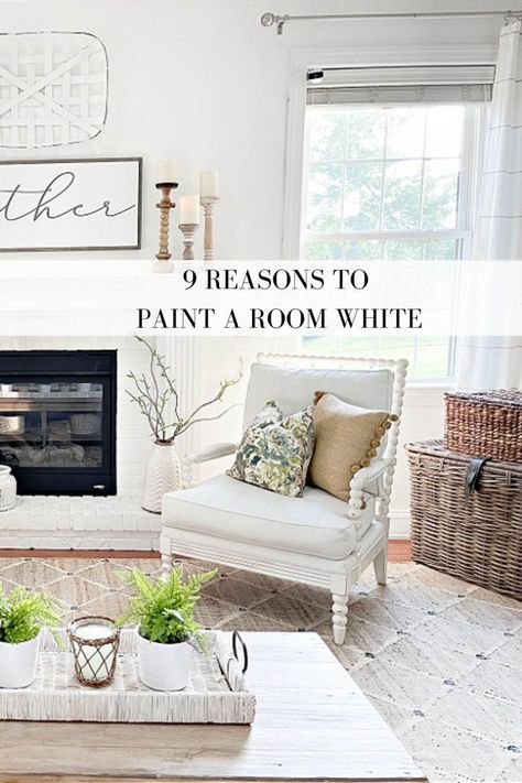 Painting a room white is like making it larger, lighter, brighter, and more beautiful. Here are 9 reasons glorious reasons to add white paint to your home decor! White Sitting Room, White Family Rooms, Stone Gable, Painting A Room, Family Room Paint, Brighten Room, All White Room, Best White Paint, White Fireplace