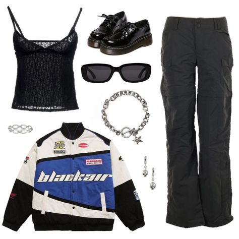 Motor Racer Outfit Women, Female Racer Outfits, Racer Outfit Kpop, Dti Outfits Non Vip Bikers And Racers, Racer Inspired Outfits, Racer Style Outfit, Blackair Jacket Outfit, Street Racer Aesthetic Outfit, Racer Aesthetic Outfits