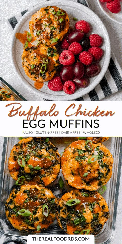 Buffalo Chicken Egg Muffins | paleo breakfast | gluten-free egg muffins | dairy-free breakfast recipe | whole30 breakfast | healthy breakfast | buffalo chicken recipe || The Real Food Dietitians #whole30 #glutenfreebreakfast Paleo Egg Muffins, Muffins Ideas, Buffalo Chicken Recipe, Healthy Buffalo Chicken Dip, Dairy Free Breakfast Recipes, Muffins Paleo, Real Food Dietitians, Buffalo Chicken Recipes, Whole30 Breakfast