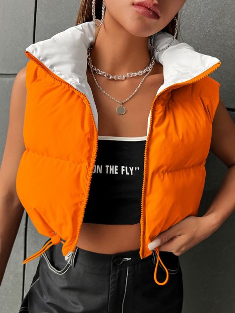 Orange Casual Collar Sleeveless Fabric Plain Vest Embellished Non-Stretch  Women Outerwear Outerwear Women Winter, Business Casual Minimalist, Plain Vest, White Puffer Vest, Preppy Prom, White Puffer, Business Formal Dress, Formal Dresses Gowns, Vest Coat