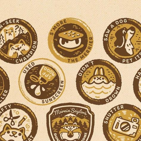 MarninSaylor’s Camp Donutwannagohome on Instagram: "Earn your merit badges with us at Camp Donutwannagohome this summer! This design will be available on a tote bag. 🛶🌲 Which of these have you completed so far in life (hopefully ‘didn’t drown’)?" Summer Camp Badges, Scout Badge Design, Summer Camp Tshirt Designs, Camping Design Graphics, Retro Summer Camp Aesthetic, Summer Camp Graphic Design, Camping Graphic Design, Camp Graphic Design, Camping Logo Design