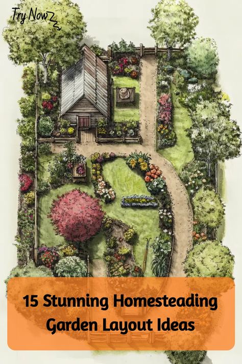 Looking to optimize your homesteading garden layout? Discover creative ideas to design a functional and beautiful garden space. Whether you're planning raised beds, companion planting, or integrating flowers with veggies, we've got you covered. Create a sustainable oasis right at home with these helpful tips and inspiration. Walled Garden Layout, Planning A Garden Layout Landscaping, Garden Areas Layout, Garden Design In Ground, Plot Garden Layout, Fruit Trees And Vegetable Garden Layout, Quadrant Garden Design, Backyard Orchard Layout Garden Ideas, Edible Garden Layout