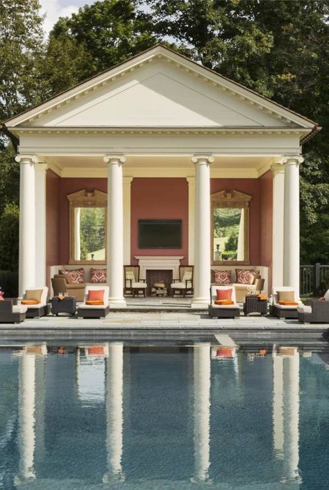 a traditional, columned pool house   "It's Arcadian," says architect Cynthia Filkoff of Di Biase Filkoff Architects of this neoclassical pool house with fireplace, sited on a 120-acre estate in the rolling horse country of Millbrook, New York. Parisian Apartment Decor, New Classical Architecture, French Country Bedrooms, Swimming Pond, Building A Pool, Parisian Apartment, Greek Revival, New Traditional, Traditional Living Room