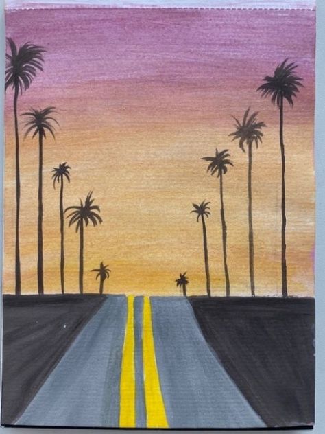 Sunset Drawing Easy, Drawing Sunset, Sunset Canvas Painting, Sky Art Painting, Palm Trees Painting, Oil Pastel Paintings, Gallery Wallpaper, Canvas Painting Tutorials, Simple Canvas Paintings