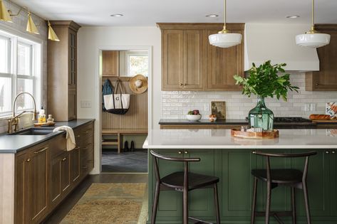 Kitchen of the Week: Warm and Inviting in White, Wood and Green Green Kitchen Island, Dining Room Pantry, Green Island, Lovely Kitchen, Kitchen Addition, Modern English, Green Cabinets, Design Remodel, Island With Seating