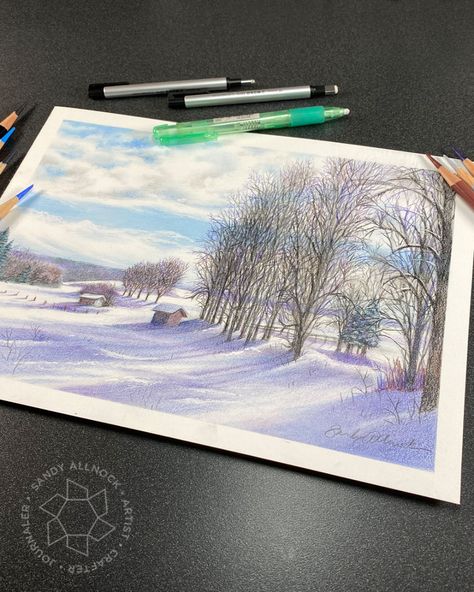 How To Color Snow With Colored Pencils, How To Draw Snow, Farm Drawing, Drawing Landscapes, Save Photos, Snow Illustration, Winter Drawings, Sandy Allnock, Big Trees