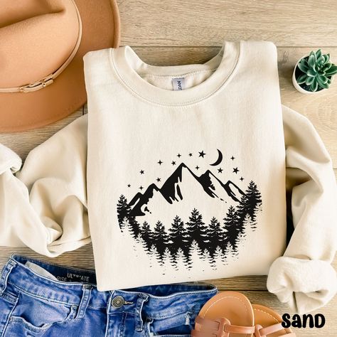 Pine Trees Sweatshirt, Mountain Silhouette Shirt,Outdoors Sweater, Nature Campers Shirt,Nature Lovers Crewneck Sweatshirt,Outdoor Night Sky Mountain Silhouette, Camper Shirt, Pine Trees, Sweater Design, Nature Lovers, Cut And Style, Night Sky, San Jose, Crewneck Sweatshirt