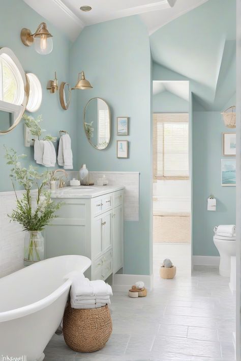 Dive into the soothing depths of Inkwell (SW 6992) with this modern coastal bathroom makeover! Explore tips and tricks for adding deep, inky blues to your interior design routine. #Ad #homedecor #homedesign #bathroom #Painthome interiorarchitecture best Wall Colors for Bathroom Colors Bright Room Colors best colors combinations bathroom bathroom Remodeling Modern Paint Colors 2024 Blue Walls In Bathroom, Spa Blue Bathroom, Coastal Small Bathroom Ideas, Light Bathroom Paint Colors, Blue Bathroom Paint Colors, Baby Blue Bathroom, Kids Beach Bathroom, Coastal Modern Bathroom, Light Blue Bathroom Ideas