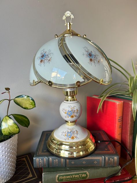 Floral Lamp, 80s Home, Touch Lamp, Vintage Kitchenware, Metal Trim, Glass Ceramic, Vintage Lighting, Live Light, Blue And Yellow