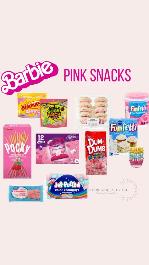 Barbie Party Snacks, Barbie Party Food, Pink Food, Pink cookies, Pink candy, Pink cupcakes Barbie Movie Snack Ideas, Barbie Pool Party Food Ideas, Barbie Themed Birthday Party Snacks, Pink Barbie Snacks, Pink Barbie Party Food, Barbie Charcuterie Board Ideas, Barbie Snack Board, Barbie Party Food Table, Barbie Pajama Party