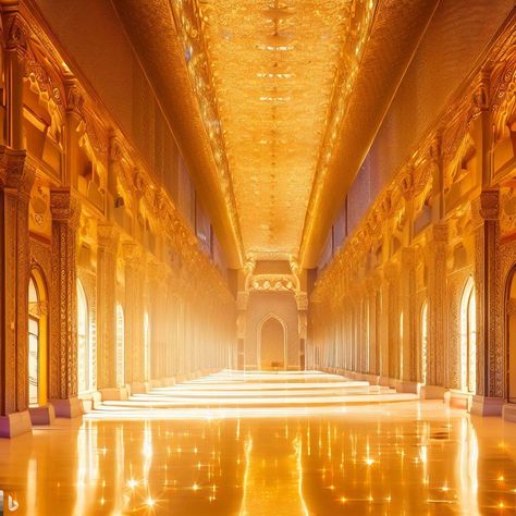 Gold Building Aesthetic, Sun Court Aesthetic, Gold Palace Aesthetic, Palace Corridor, Locations Aesthetic, Shining Background, Gold Architecture, Sun Palace, Golden Castle