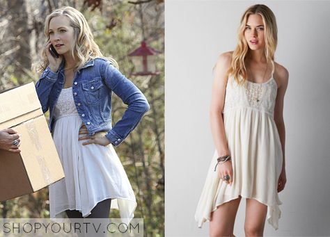 The Vampire Diaries: Season 6 Episode 14 Caroline's Crocheted Babydoll Dress | Shop Your TV Vampire Diaries Fashion, Vampire Diaries Outfits, Caroline Dress, Movie Inspired Outfits, 90s Inspired Outfits, Worn On Tv, Bonnie Bennett, Katherine Pierce, Caroline Forbes