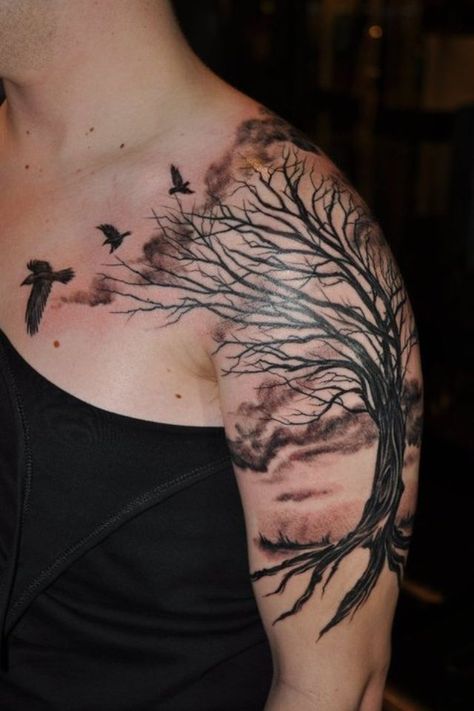 Tree And Birds Tattoo, Tree Sleeve Tattoo, Tree Tattoo Arm, Tree Sleeve, Roots Tattoo, Red Heart Tattoos, Mother Nature Tattoos, Club Tattoo, Throat Tattoo