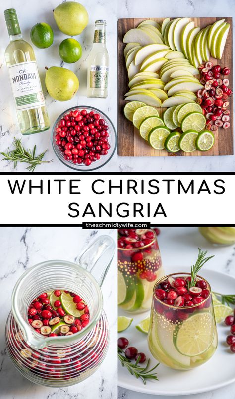 Holiday White Wine Sangria, Christmas Wine Night Ideas, New Years Eve Sangria, Sangria Charcuterie Board, Nye Sangria, White Wine Christmas Drink, Christmas Wine Cocktail Recipes, Cocktails With White Wine, Winter White Wine Sangria