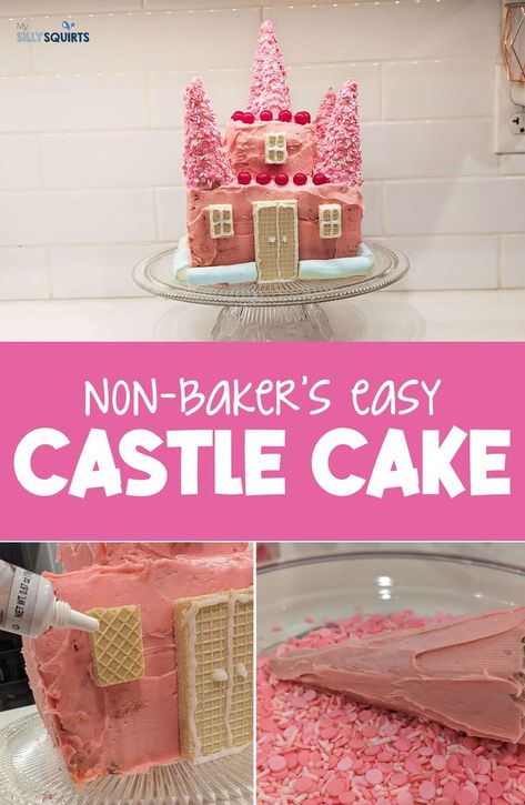 I'm not a baker, but I also like to save money. So, I made this surprisingly easy and adorable castle birthday cake to go along with my daughter's princess birthday party. She couldn't have loved it more and it was adorable. With only a few ingredients, you'll have a beautiful pink, princess creation for everyone to enjoy. Easy Castle Cake, Easy Princess Cake, Castle Birthday Cakes, Castle Birthday, Cake To Go, Princess Castle Cake, Princess Birthday Cake, Pink Castle, Castle Cake