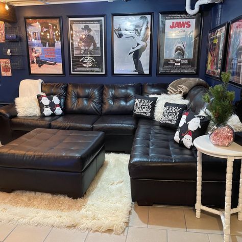 Movie Inspired Living Room, Movie Theme Basement Ideas, Tv Cinema Room, Comic Living Room, Small Space Movie Room, Cozy Movie Room Ideas Basements, Movie Room Artwork, Movie Posters Home Decor, Movie Living Room Decor