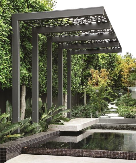 COS Design on Instagram: “A custom made arbor fitted with laser cut screens by @lumpsculpture sits above the wet edge spa at our Bayside project. . House constructed…” Garden Arches Ideas Backyards, Rose Arches Garden, Garden Arches Ideas, Arches Garden, Lights Backyard, Plants Backyard, Gardens Backyard, Backyards Ideas, Backyard Lights