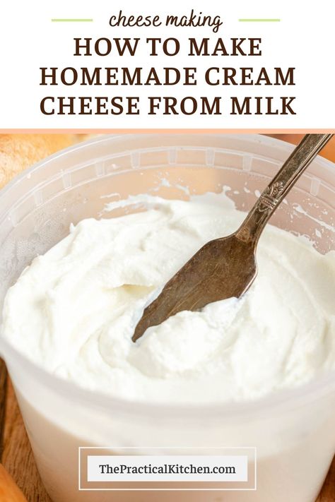 This easy homemade cream cheese recipe uses just three ingredients — whole milk, citric acid, and salt — to create a rich, creamy spread that's the perfect companion to any of my popular homemade bagel recipes. How To Make Cheese From 2% Milk, Almond Milk Cream Cheese, Homemade Cream Cheese Recipes, Recipes Using Whole Milk, Cream Cheese Uses, Diy Cream Cheese, Cream Cheese Filling Recipe, Homemade Heavy Cream, Homemade Cream Cheese Recipe