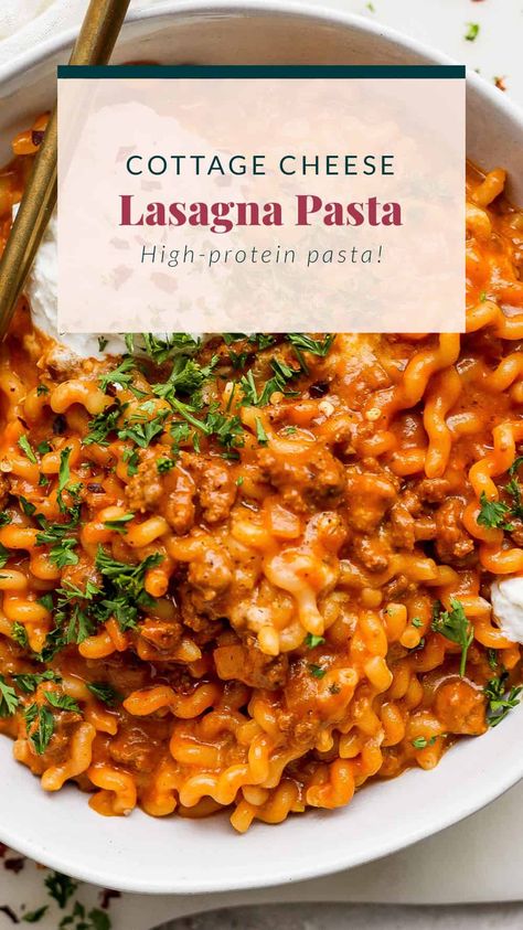 One-Pot Lasagna Pasta - Fit Foodie Finds Quick And Easy Macro Friendly Recipes, Cottage Cheese Lasagna Bowl, Pasta With Protein, One Pot Lasagna Pasta, Tomato Red Pepper Soup, Whipped Cottage Cheese, Cottage Cheese Pasta, Healthy Lasagna, High Protein Pasta