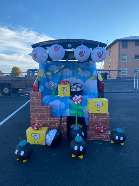 Super Smash Bros Trunk Or Treat, Trunk Or Treat Mario Ideas For Cars, Super Mario Brothers Trunk Or Treat Ideas, Mario Trick Or Trunk, Super Mario Trick Or Trunk, Spooky Mario Trunk Or Treat, Mario Truck Or Treat, Mario Party Trunk Or Treat, Princess Peach Trunk Or Treat