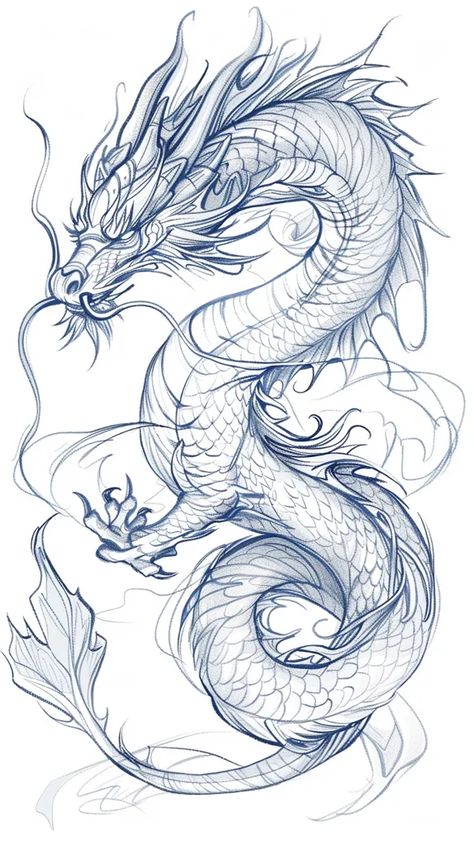 Arm Wrap Dragon Tattoo, Dragon Drawing Sketches Tattoo Ideas, Men Dragon Tattoo Back, Dragon Drawing Full Body Easy, Dragon Wrapped Around, Japanese Dragon Drawing Sketches, Simple Chinese Dragon Tattoo Outline, Dragon Drawing Chinese, Magical Dragon Art