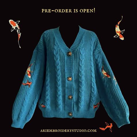 Cardigirlies, today is the day! Pre-order the Koi Fish guitar inspired cardigan TODAY until Wednesday Sept. 18th only on Ari Embroidery Studio!!! Inspired by Taylor’s gorgeous koi fish guitar, this cardigan features the same koi embroidered on the sleeves against the same beautiful turquoise backdrop. Made for the Speak Now girlies, this subtle cardigan design is specially made only for fellow swifties to recognise and reckon🩵💙✨ Speak Now Girlies, Koi Fish Guitar, Embroidery Studio, Lightning Thief, The Lightning Thief, Cardigan Design, Taylor S, Speak Now, Flower Accessories