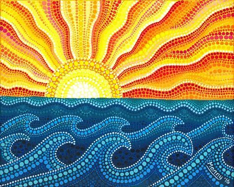 Painting Ideas Sunset, Dot Painting Ideas, Art Soleil, Aboriginal Dot Painting, Mandala Rock Art, Summer Waves, The Dot, Sun Art, Dot Art Painting