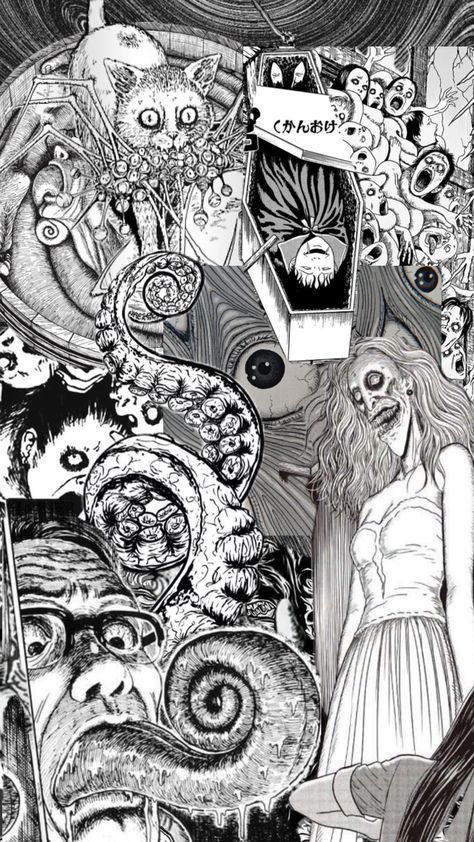 #junjiito #wallpapaer #art #horror #books #horrorwallpaper #manga

made by me, feel free to use it as wallpaper Japan Horror Art, Anime Horror Wallpaper, Junji Ito Art Wallpaper, Horror Manga Panels, Horror Graphic Novel, Japanese Expressions, Wallpaper Horror, Manga Collage, Ito Junji