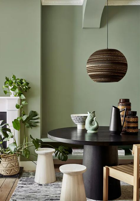 Sage Living Room, Lodge Living Room, Green Walls Living Room, Sage Green Living Room, Calming Interiors, Sage Green Paint, Farrow & Ball, Green Dining Room, Sage Green Walls