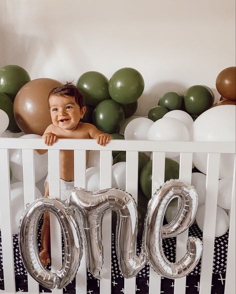 Fill up crib with balloons - perfect photo opportunity! Wild One Party Decorations, Sage Green Balloons, One Year Photos, Wild One Party, Green Balloons, Balloons Arch, Photo Opportunity, Gold Confetti Balloons, Birthday Themes For Boys