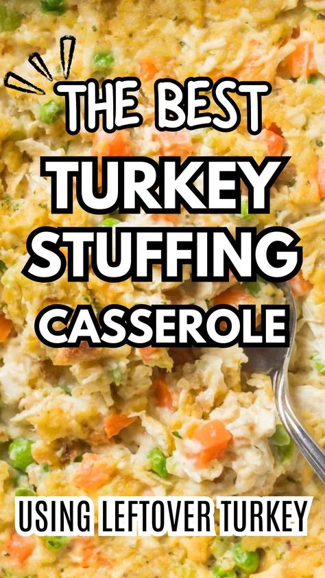 Make this turkey stuffing casserole with Thanksgiving or Christmas leftovers. This turkey stuffing casserole recipe is easy to whip together with a creamy flavoring to enhance every ingredient. A simple oven bake leftover turkey recipe to add to your family dinner repertoire or tailgating recipes for game day & pot lucks. Recipes For Ground Turkey Dinners, Leftover Ham And Turkey Casserole, Ground Turkey And Stove Top Stuffing Casserole, Turkey Mashed Potato Stuffing Casserole, Different Turkey Recipes, Easy Turkey And Dressing Casserole, Meals Using Leftover Turkey, Weight Watcher Thanksgiving Recipes, Canned Turkey Recipes Simple