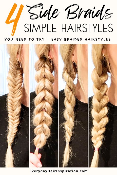 How to create four side braids: the fishtail braid, three-strand braid, twisted rope braid, and pull-through braid. Perfect for any occasion! How To Side Braid Your Own Hair Simple, How To Make A Thick Braid, Side Braid Hairstyles Easy, Easy Low Braid Hairstyles, Side Braid Tutorial Step By Step, Chunky Side Braid, How To Dutch Braid, One Side Braid, Braids Pulled Back