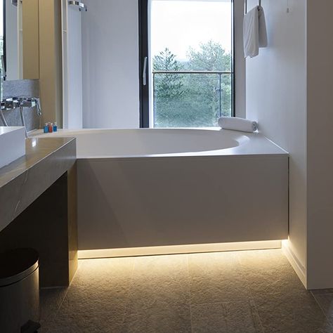 Bathroom Under Cabinet Lighting, Under Vanity Lighting, Bathroom Strip Lighting, Strip Lighting Bathroom, Cool Bathrooms With Led Lights, Bathroom Led Strip Lighting, Led Rod Light Bathroom, Led Strip Lighting Bathroom Under Cabinet, Bathtub Skirt