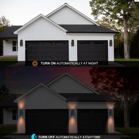 Exterior Down Lighting On House, Outside Garage Lights, Garage Lights Exterior, Outside Lights On House, Outdoor Garage Lights, Exterior House Lights, Exterior Wall Light Fixtures, Exterior Garage Door, Garage Door Lights