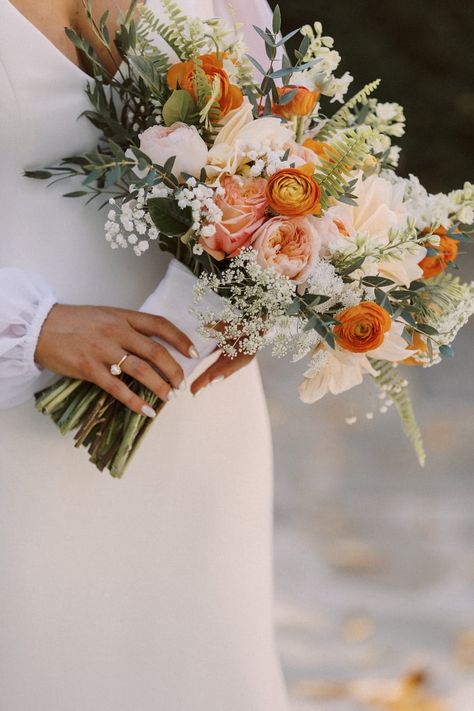 Bridal Bouquet Pop Of Color, Pastel, Fall Floral Wedding Bouquets, White And Orange Floral Arrangements, White And Orange Wedding Bouquet, Light Blue And Orange Wedding Bouquet, Bridal Fall Bouquet, Bridal Bouquet Orange And White, Elegant Fall Wedding Flowers