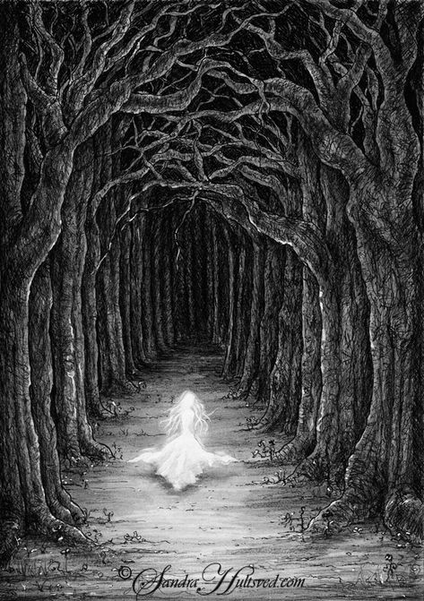 Whisper by SandraHultsved.deviantart.com on @deviantART Scary Woods, Forest Drawing, Wood Illustration, Tree Drawings Pencil, Spooky Trees, Forest Illustration, Printmaking Art, Chalk Pastels, Tree Drawing