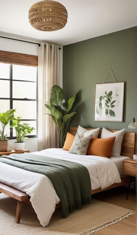 Green Wood Bedroom Ideas, Guest Room Ideas Green, Cool Earthy Bedroom, Emerald Green And Tan Bedroom, Minimal Green Bedroom, Modern Green Bedroom Ideas, Green White Wood Bedroom, Accent Wall Green Bedroom, Bedroom Green Feature Wall