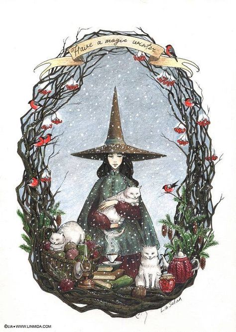 Pagan Christmas, Pagan Yule, Cat Art Illustration, 22 December, Tassen Design, Witch Art, Cats Illustration, A Witch, Winter Solstice